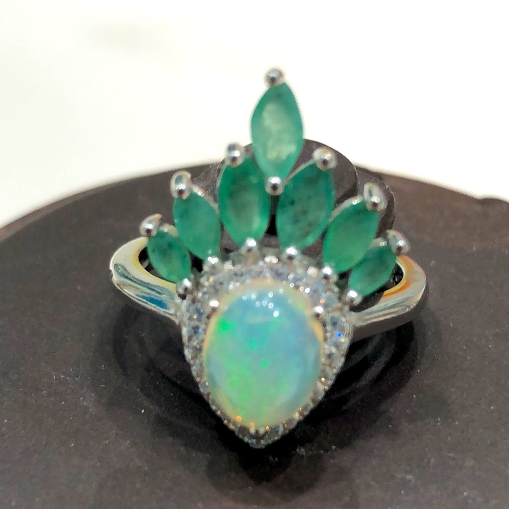 Emerald, Opal & 14K White Gold Plated